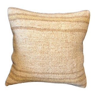 Vintage Turkish Hemp Pillow, Natural Striped Beige Camel Cushion, Handwoven Anatolian Pillow With Insert, 16x16 In For Sale