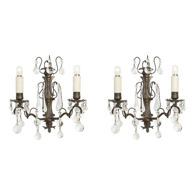 Brass and Crystal Wall Lights, Early 1900s, Set of 2 For Sale