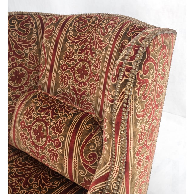 1970s Red Gold Brass Tacks Upholstery Carved Mahogany Base Legs Large Wing Chair For Sale - Image 5 of 12
