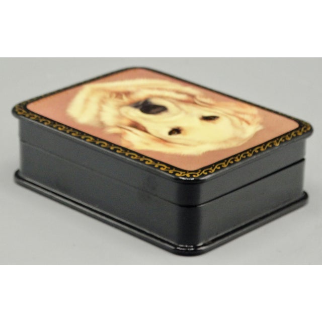 Blue Russian Lacquer Papier Mache Box With Golden Retriever Dog Portrait For Sale - Image 8 of 12