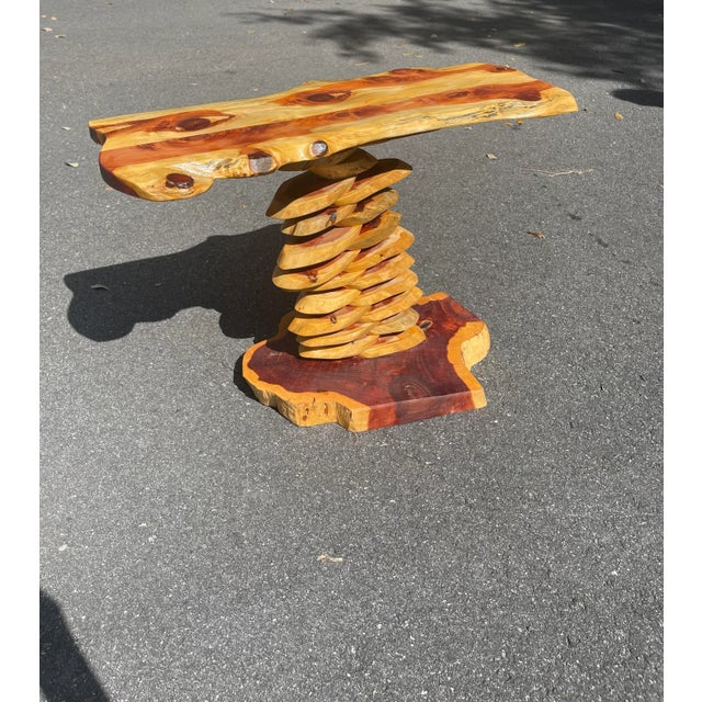 Handmade wood stacked table by Florida artist Jim Rivers. Great for use as a side table or pedestal.