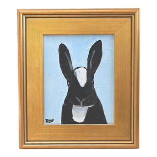 Folk Art Bunny Rabbit Hare Oil Painting Including the Antiqued Gold Wood Frame For Sale