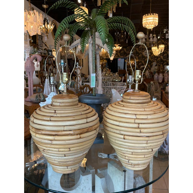 Mid-Century Modern Vintage Palm Beach Coastal Large Rattan Table Lamps Newly Wired - a Pair For Sale - Image 3 of 12
