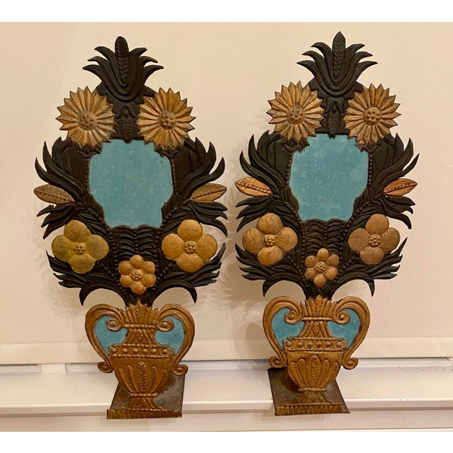 19th Century French Art Deco Painted Tole Metal Altar Flowers - a Pair For Sale In Boston - Image 6 of 6