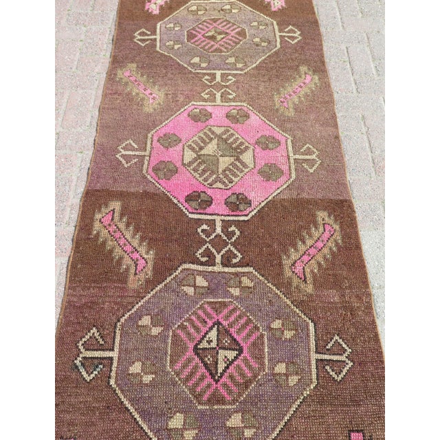 Mid-Century Modern Brown 60s Geometric Design Turkish Kars Carpet Runner Rug For Sale - Image 3 of 11