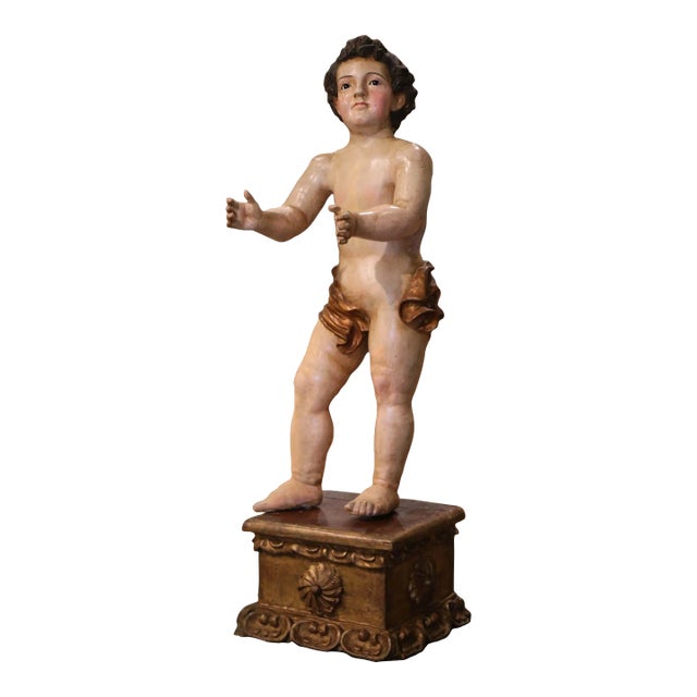 18th Century Italian Carved Polychrome Life Size Putti on Stand With Glass Eyes For Sale