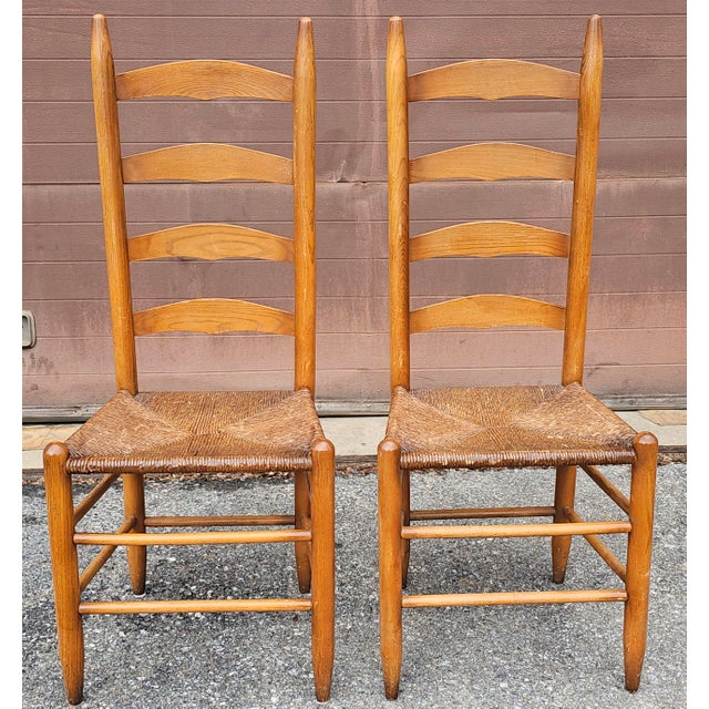 American Early 20th Century Shaker Style Maple Ladder Back With Rush Seats Dining Chairs- Set of 4 For Sale - Image 3 of 9