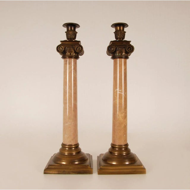 French Marble Column Candlesticks Beige Marble and Bronze Etruscan Pair Candle Holders Ionic Order Capital Tazza - Set of 3 Tariff Free Delivery For Sale - Image 3 of 12