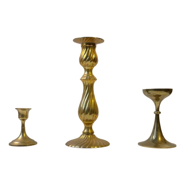 Vintage Scandinavian Brass Candlesticks, 1970s, Set of 3 For Sale