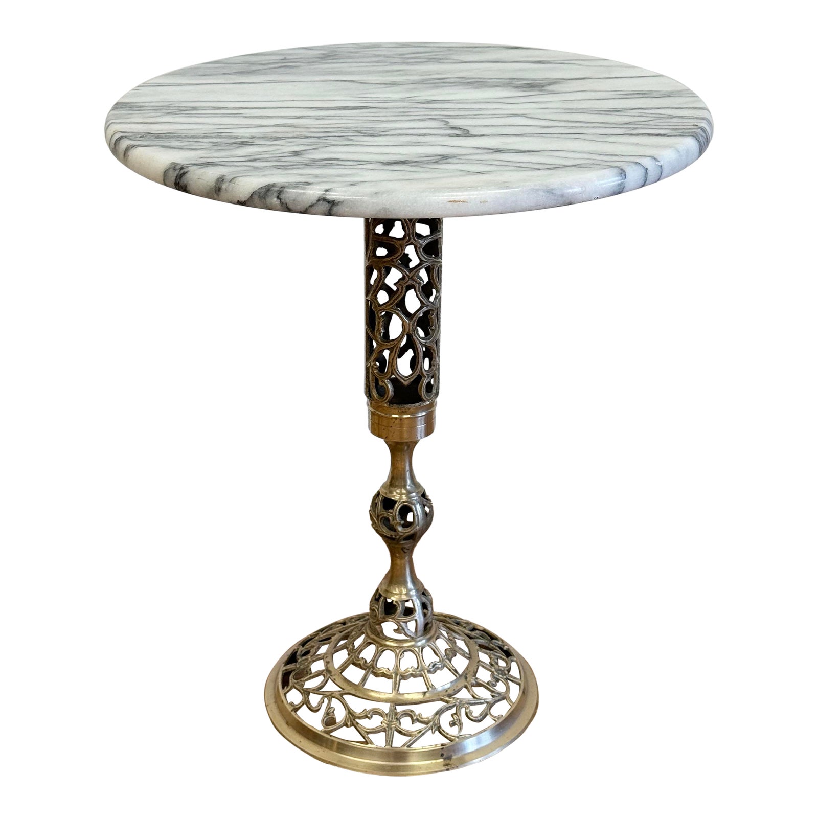 Vintage French Style Round Marble Top Brass Filigree Table | Chairish