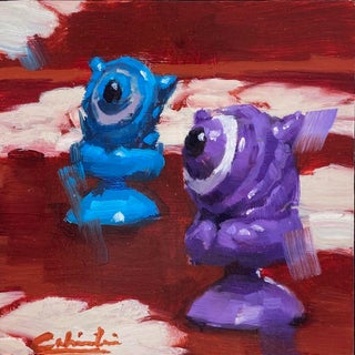 Little Aliens by Calvin Lai | Oil on canvas and wood panel Two colorful alien figurines on a red background For Sale