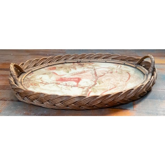 19th or 20th Century French Wicker Serving Tray With Tapestry Fragment of Bird For Sale - Image 10 of 16