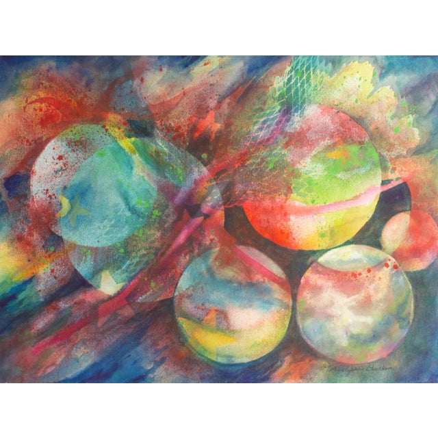 A watercolor painting by the American artist Norma Jean Bruckner. Titled Flight Continued, this abstract work depicts a...