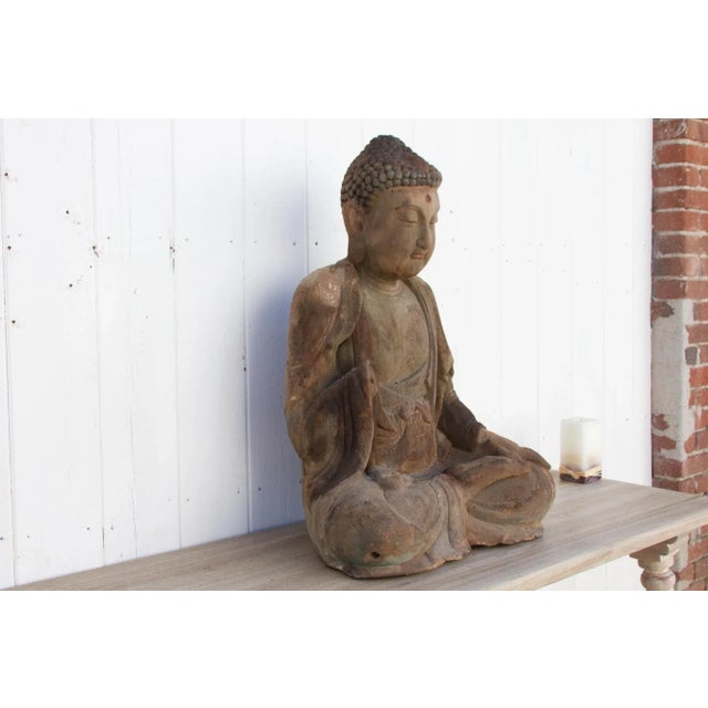 Brown Antique Carved Wood Mediating Buddha For Sale - Image 8 of 10