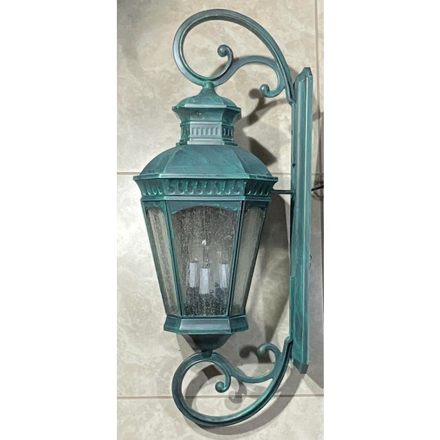 Monumental Coach Style Brass & Bronze Wall Lantern With Verdigris Finish . For Sale - Image 13 of 15