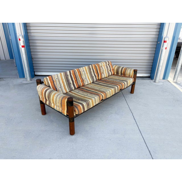 Mid-Century Modern 1970s Vintage Brutalist Wood, Brass, and Striped Upholstered Sofa For Sale - Image 3 of 12