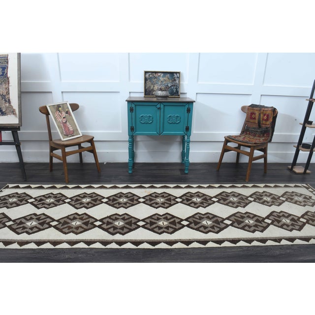 White 1970s Vintage Handmade Wool Cotton White Brown Runner Rug For Sale - Image 8 of 11
