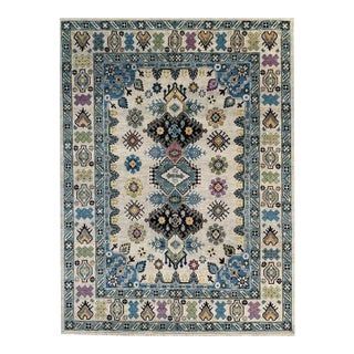 6x9 Ivory Hand-Knotted Wool Stacked Diamond Motif Classic Traditional Carpet Rug For Sale