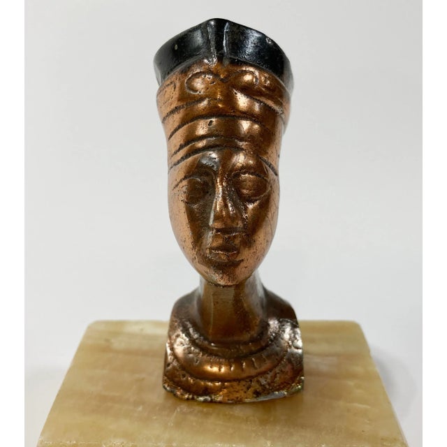 Copper Vintage Egyptian King Tut and Queen Nefertiti Busts on Stone Bases, a Pair For Sale - Image 8 of 10