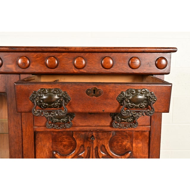 Brown Antique Victorian Carved Oak Smoker's Display Cabinet With Drop Front Desk, Circa 1900 For Sale - Image 8 of 13