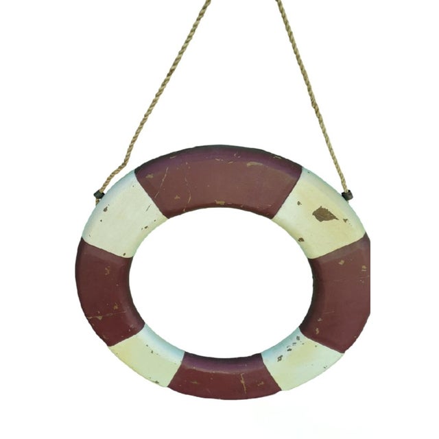 Lane Furniture Vintage Huge Coastal Maroon Cream Distressed Carved Wood Life Saver Raft Wall Decor by Lane Furniture For Sale - Image 4 of 7