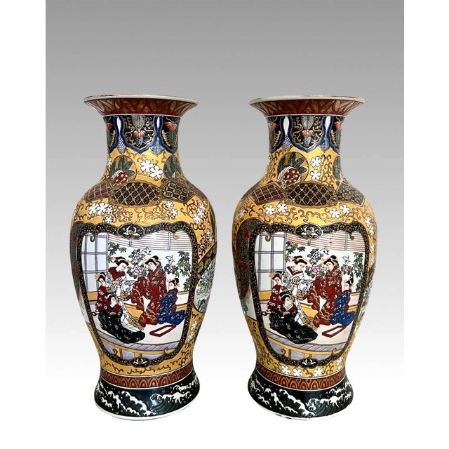 Mid 20th Century Vintage Yellow, White and Black Satsuma Enamelled Porcelain Vases, a Pair, Signed For Sale - Image 5 of 10