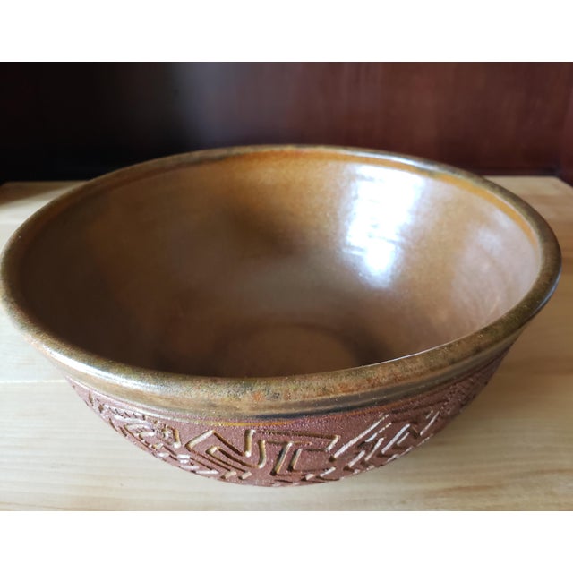 Ceramic Studio Pottery Bowl Signed | Celadon Glaze & Carved Relief | Kyle, 1988 For Sale - Image 7 of 7