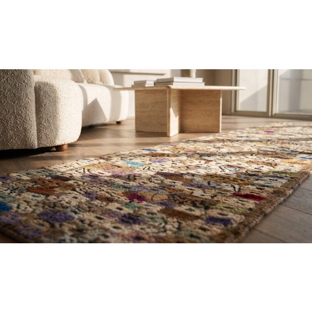 Camel 1930s Multicolor Floral Dots Folk Art Antique American Hooked Rug 2' X 15'8" Handknotted Wool Carpet For Sale - Image 8 of 9