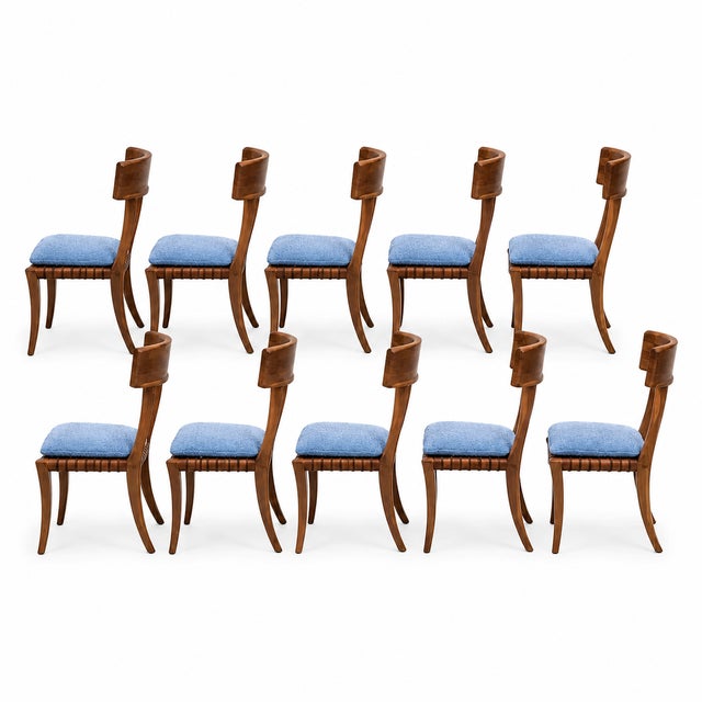 Solid walnut chairs. Modern Klismos dining chairs with upholstered seats cushions. The Robsjohn Gibbings style Klismos...