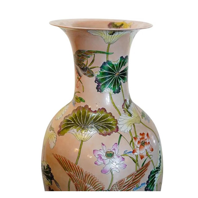 Size vase H 46" W 21X21"Chinese Porcelain Floor Vase 20th Cent, China Chinese porcelain floor vase features in a biege...