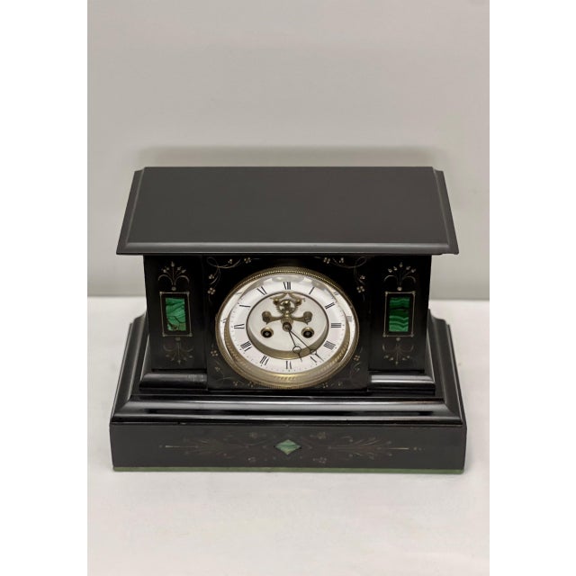 Antique French Belgian Black Slate Mantle Clock With Open Escapement and Malachite Inlay For Sale In Philadelphia - Image 6 of 15