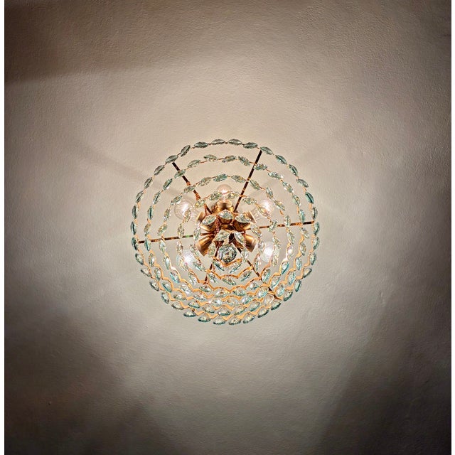 1960s Luxury Mid-Century Style Natural High-Gleam Solid Brass & Ice-Blue Turquoise Crystal 6-Light Flush Mount Chandelier For Sale - Image 4 of 9