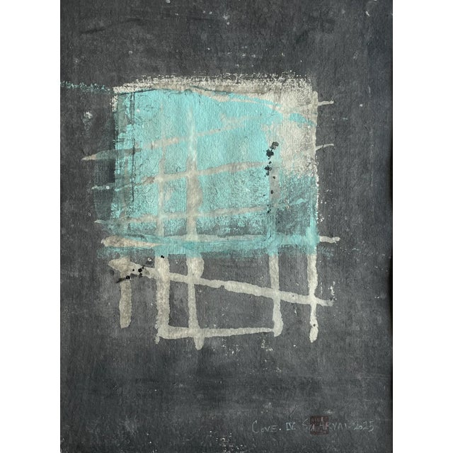 A neutral blue foreground against a gray backdrop suggests a tranquil landscape in this original one of a kind wall art...