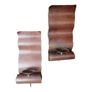 1970s Pair of Vintage Mexican Metal Wall Candle Sconces – 16"x8" Rustic Scroll Design - Rare For Sale