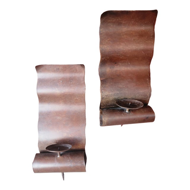 1970s Pair of Vintage Mexican Metal Wall Candle Sconces – 16"x8" Rustic Scroll Design - Rare For Sale