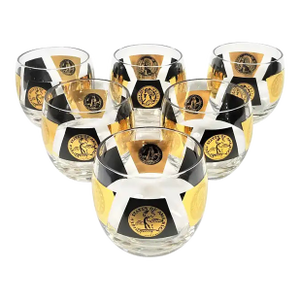 Cera 22-Karat Gold Currency Collection 1960s Mid Century Signed Glassware Barware. Set of 6.