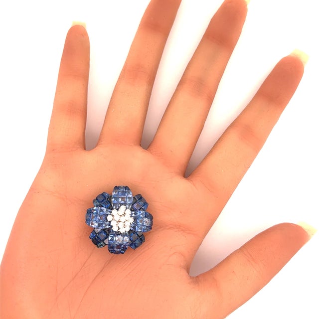 Invisible-Set Blue Sapphire Diamond 18k White Gold Flower Brooch & Pendant For Sale In Los Angeles - Image 6 of 6