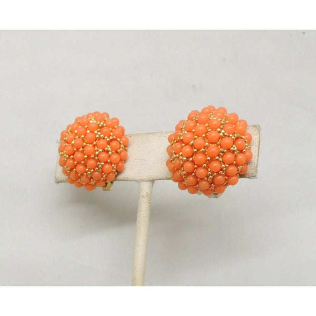1960s Vintage 1960s Signed Hobe Round Goldtone Faux-Coral Cabochon Clip Earrings - 2 Pieces For Sale - Image 5 of 7