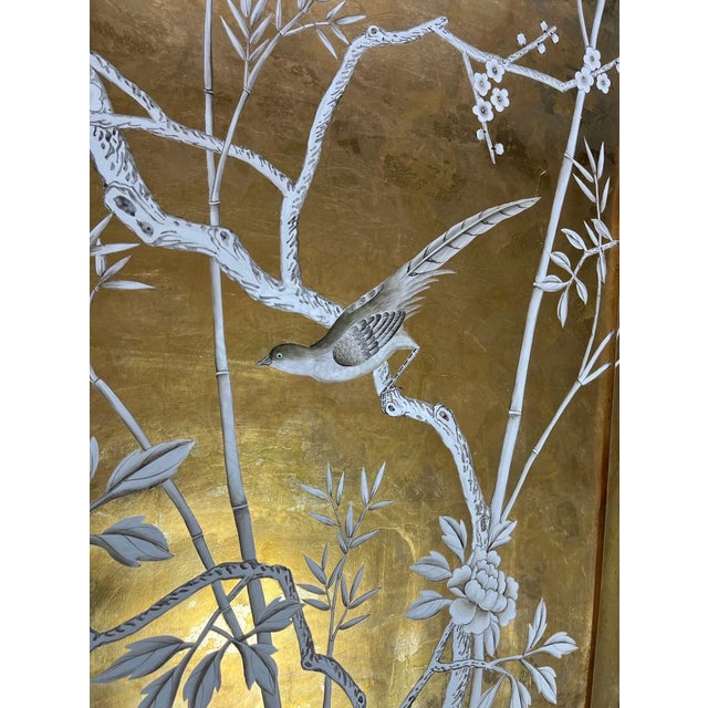 Set of 3 Hand Painted Gold Leaf Chinoiserie Wallpaper Panels, Monochrome Bird & Bamboo Floral Mural, Custom Size Available For Sale - Image 4 of 9