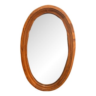 Vintage 1980s Oval Oak Wall Mirror With Walnut Stain, 32.5” X 19” For Sale