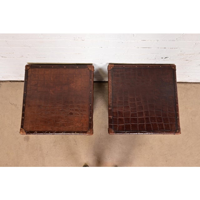 Baker Furniture Campaign Rattan and Leather Trunk Side Tables, Pair For Sale - Image 10 of 14