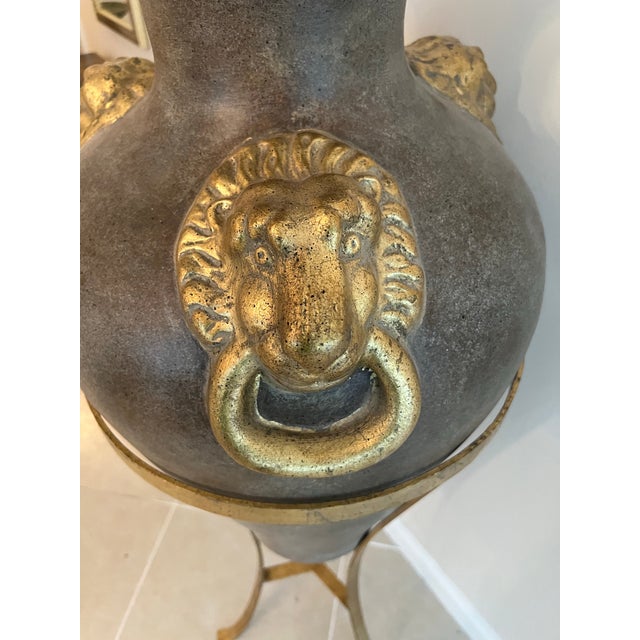 Brown Vintage Floor Amphora Urn Vase 52” With Lionhead Ring Handles &Tripod Stand For Sale - Image 8 of 8