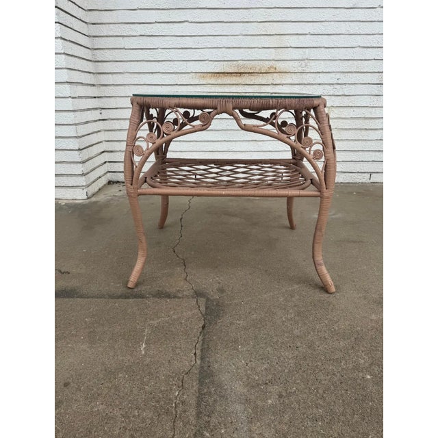 Mid 20th Century 2 Wicker End Table With Glass Top For Sale - Image 4 of 5