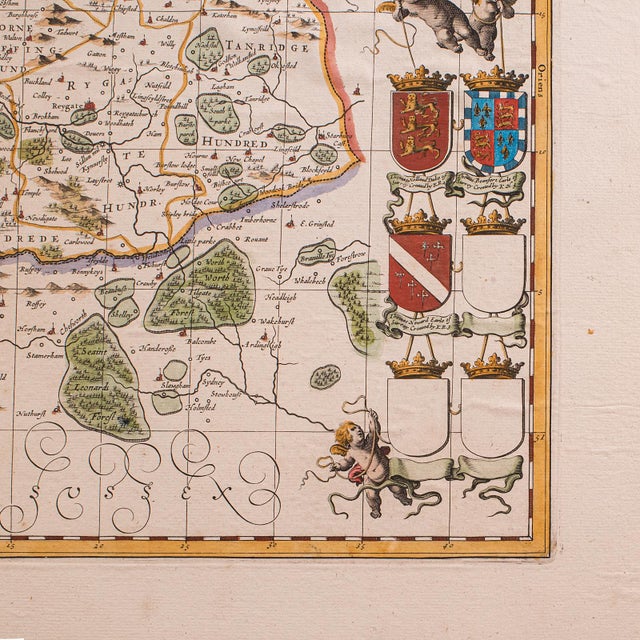 Glass Antique Map of Surrey, English, Framed County Cartography, After Blaeu, c.1690 For Sale - Image 7 of 12