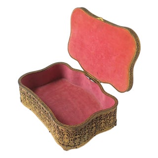Antique French Brass and Velvet Jewelry Box For Sale
