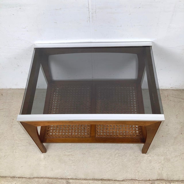 Mid-Century Modern Mid-Century Lane Two-Tier End Table With Smoked Glass and Cane Shelf For Sale - Image 3 of 12