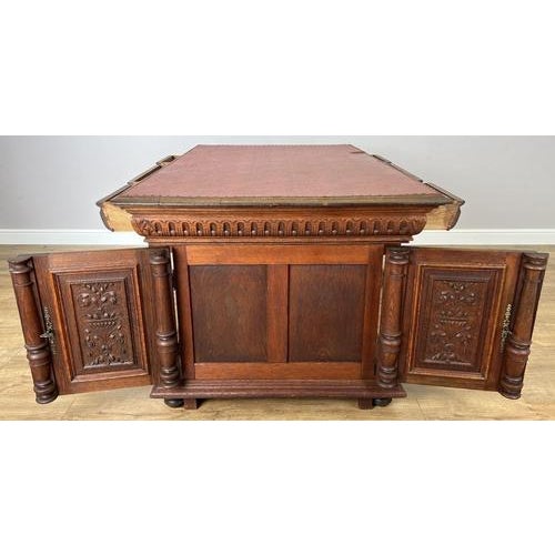 Wood Antique French Style Oak Double Sided Carved Pedestal Desk For Sale - Image 7 of 18