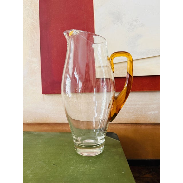 Vintage Amber Glass Pitcher and Six Glasses Set Hand Blown Poland Mid Century Barware For Sale In Chicago - Image 6 of 12