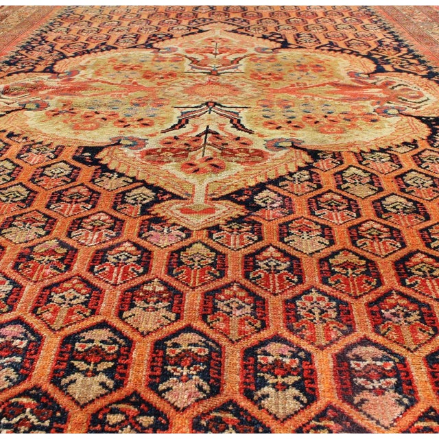 1900 - 1909 Antique Mission Malayer Rug With Floral Medallion in Blue, Orange & Green For Sale - Image 5 of 7