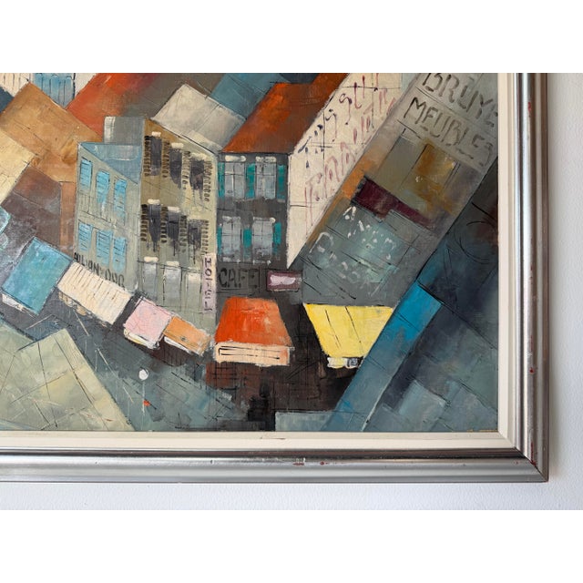 Slate Gray 1970’s Mid-Century Impressionist Geometric Abstract Cityscape Oil on Canvas Painting, Framed For Sale - Image 8 of 12